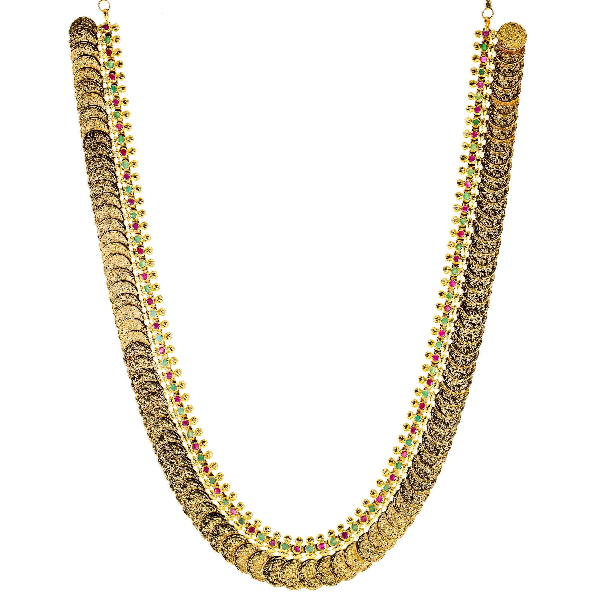 22K Yellow Gold Kasu Necklace w/ Emerald & Ruby (71.2gm)