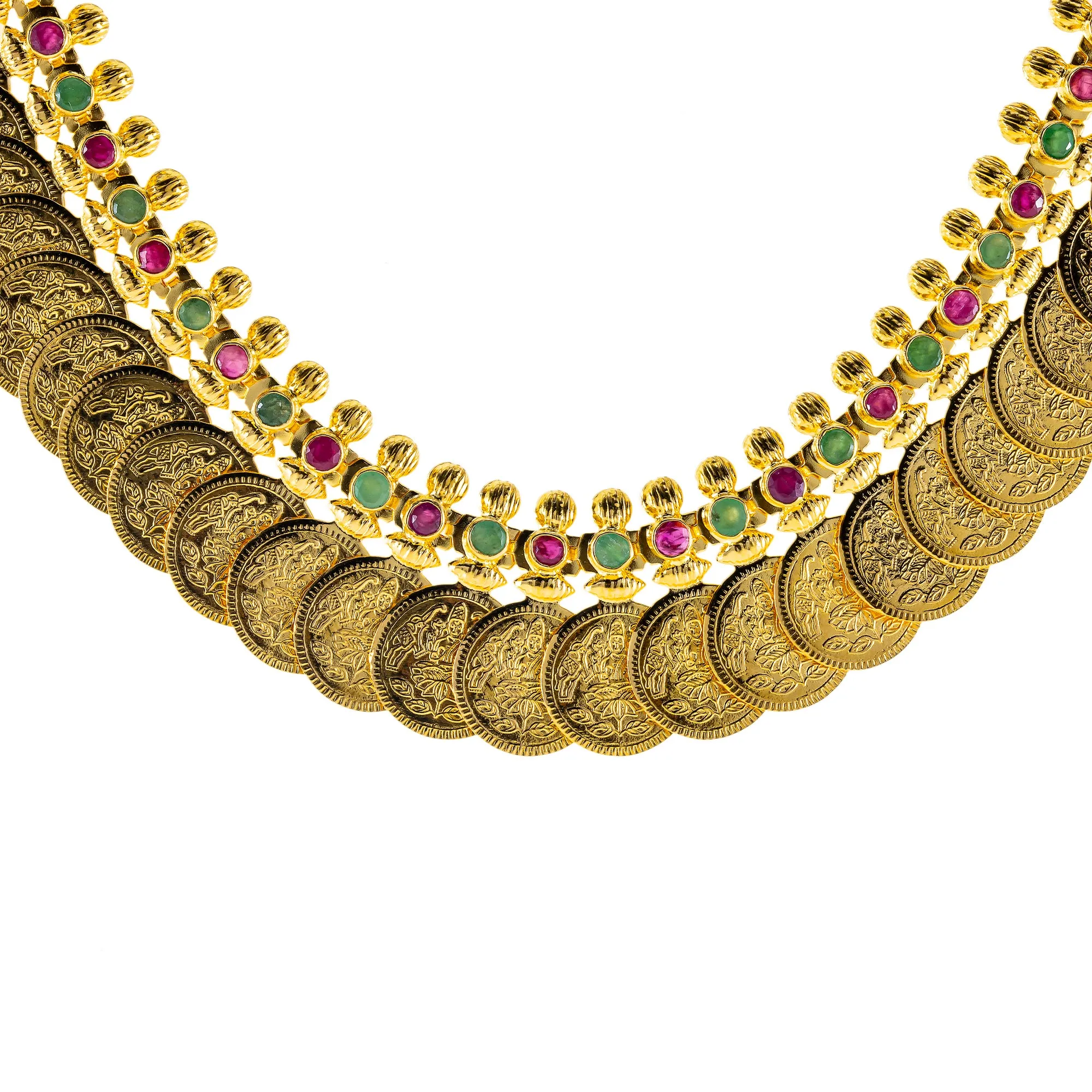 22K Yellow Gold Kasu Necklace w/ Emerald & Ruby (71.2gm)