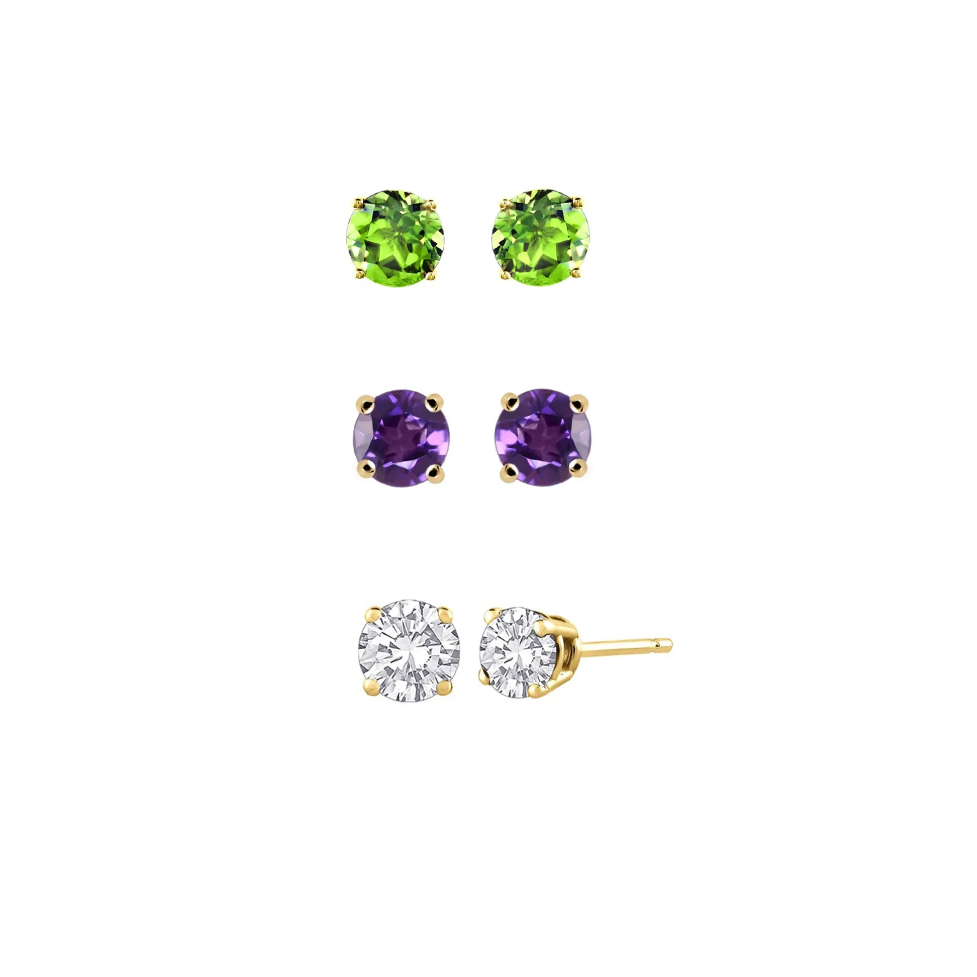 24k Yellow Gold Plated 1/2Ct Created Peridot, Amethyst and White Sapphire 3 Pair Round Stud Earrings
