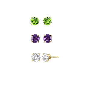 24k Yellow Gold Plated 1/2Ct Created Peridot, Amethyst and White Sapphire 3 Pair Round Stud Earrings