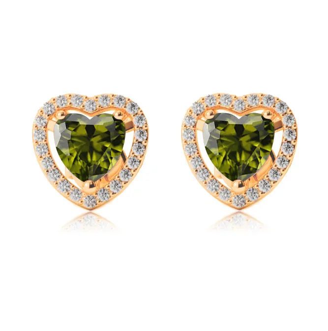 24k Yellow Gold Plated 4 Ct Created Halo Heart Peridot Stud Earrings