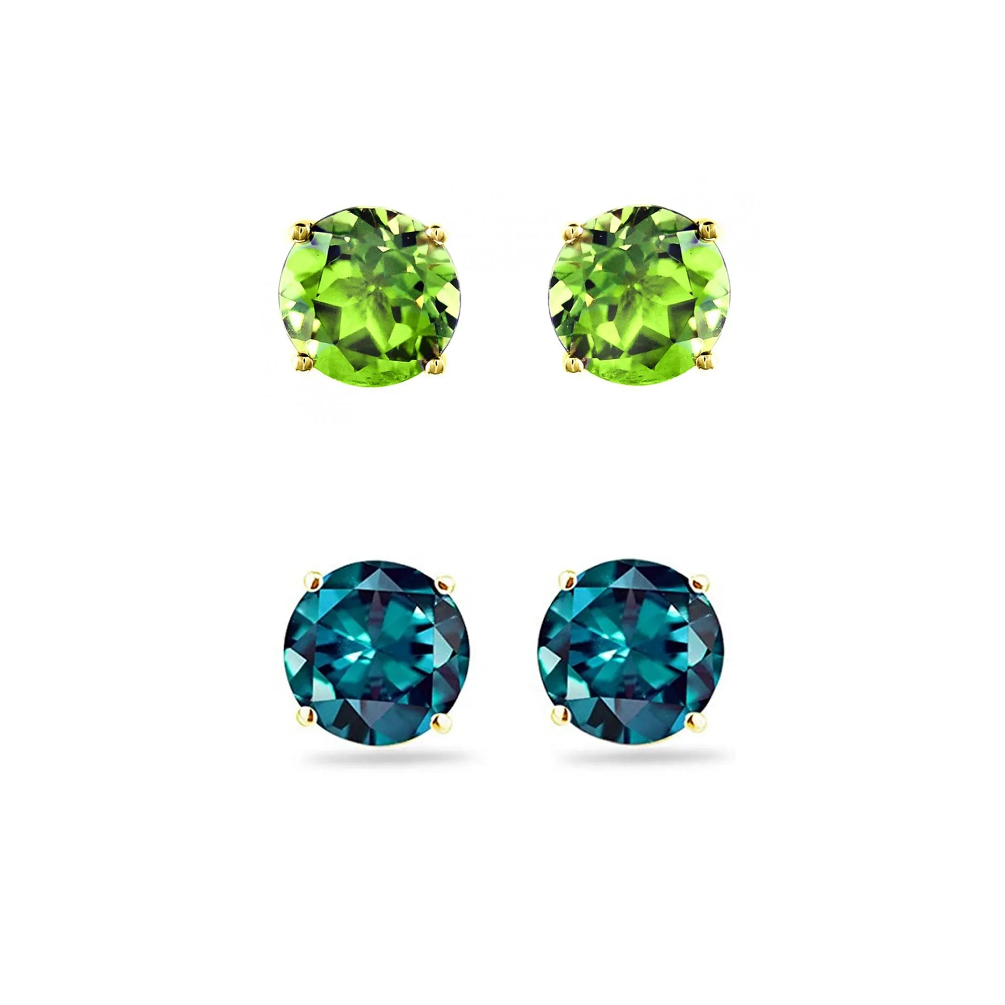 24k Yellow Gold Plated 4Ct Created Peridot and Alexandrite 2 Pair Round Stud Earrings
