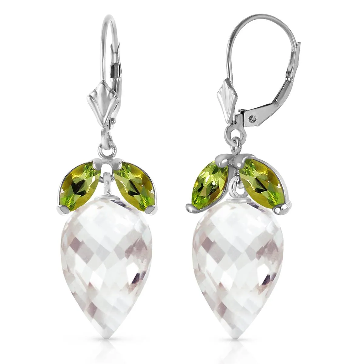 25.5 Carat 14K Solid White Gold Earrings Peridot Briolette White Topaz