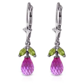 3.4 Carat 14K Solid White Gold Leverback Earrings Pink Topaz Peridot