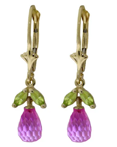 3.4 Carat 14K Solid White Gold Leverback Earrings Pink Topaz Peridot