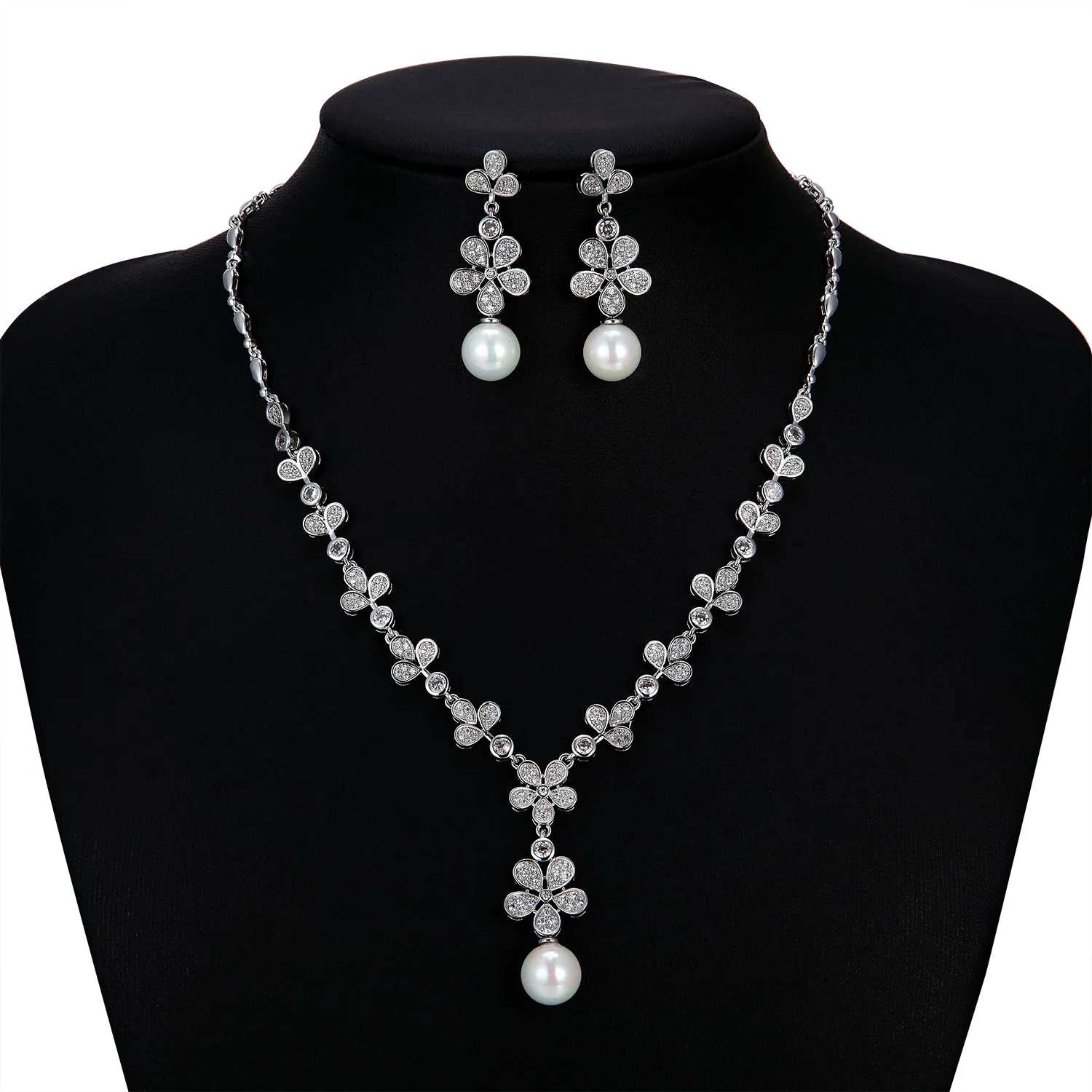 5A Cubic Zirconia Bride Pearls Necklace Earring Set for Wedding CN10267