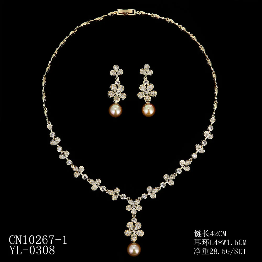 5A Cubic Zirconia Bride Pearls Necklace Earring Set for Wedding CN10267