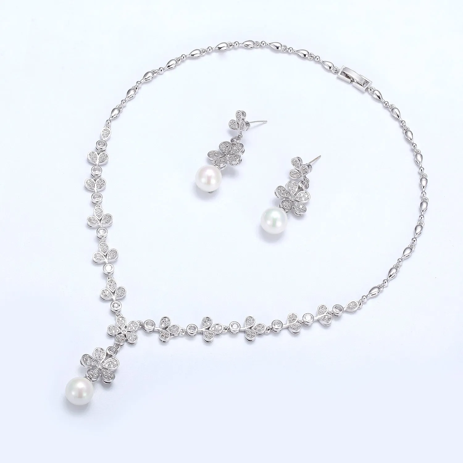 5A Cubic Zirconia Bride Pearls Necklace Earring Set for Wedding CN10267