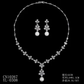 5A Cubic Zirconia Bride Pearls Necklace Earring Set for Wedding CN10267