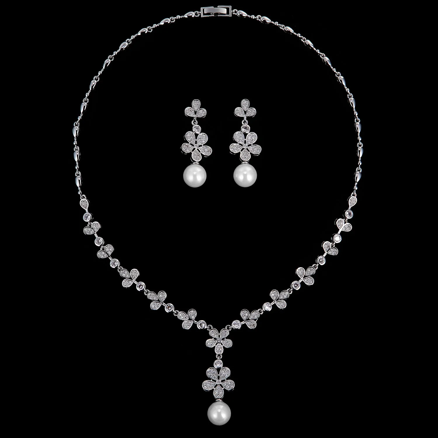 5A Cubic Zirconia Bride Pearls Necklace Earring Set for Wedding CN10267