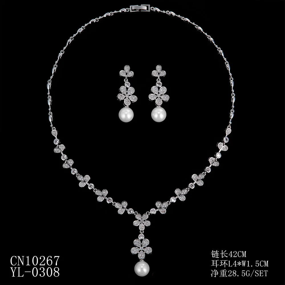 5A Cubic Zirconia Bride Pearls Necklace Earring Set for Wedding CN10267