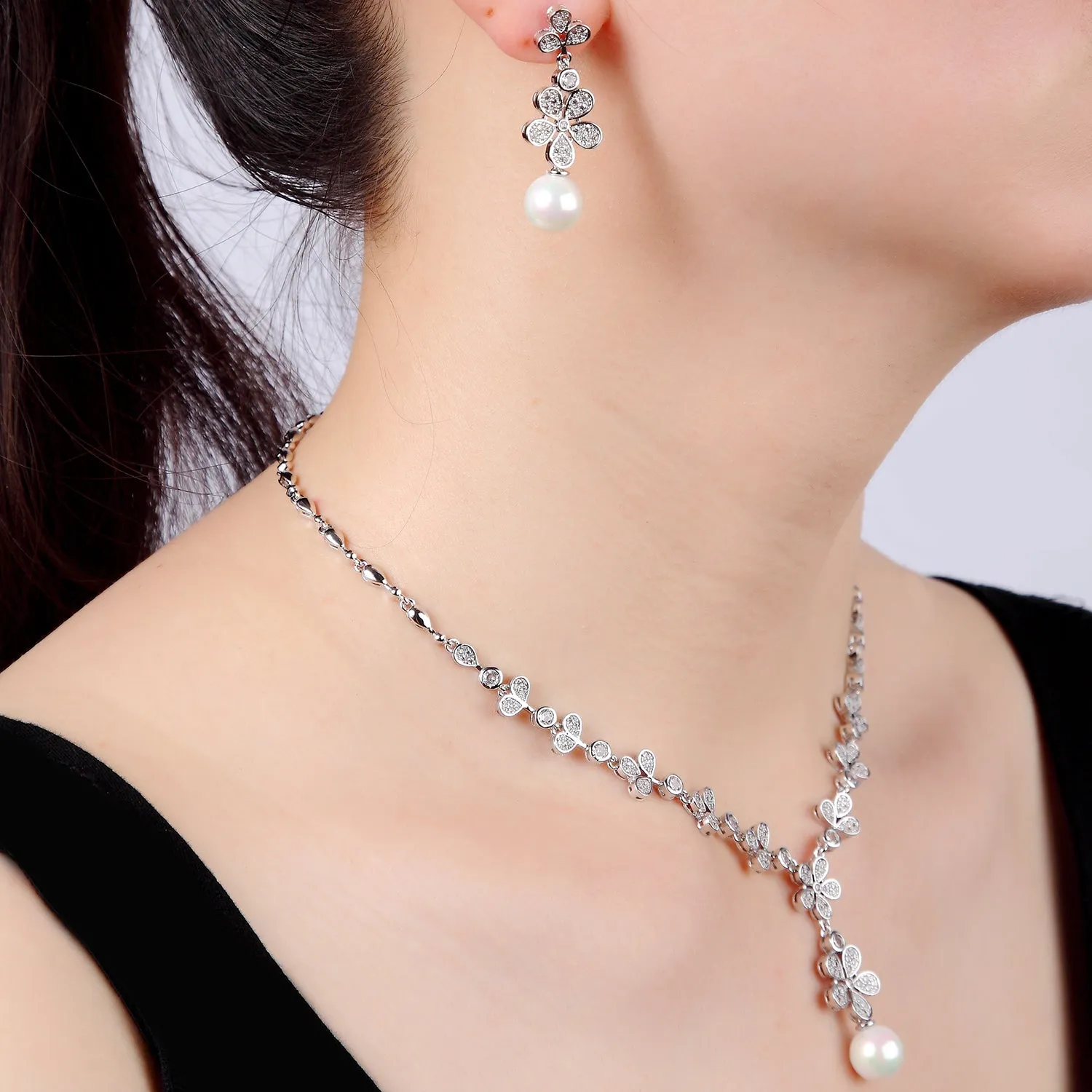5A Cubic Zirconia Bride Pearls Necklace Earring Set for Wedding CN10267