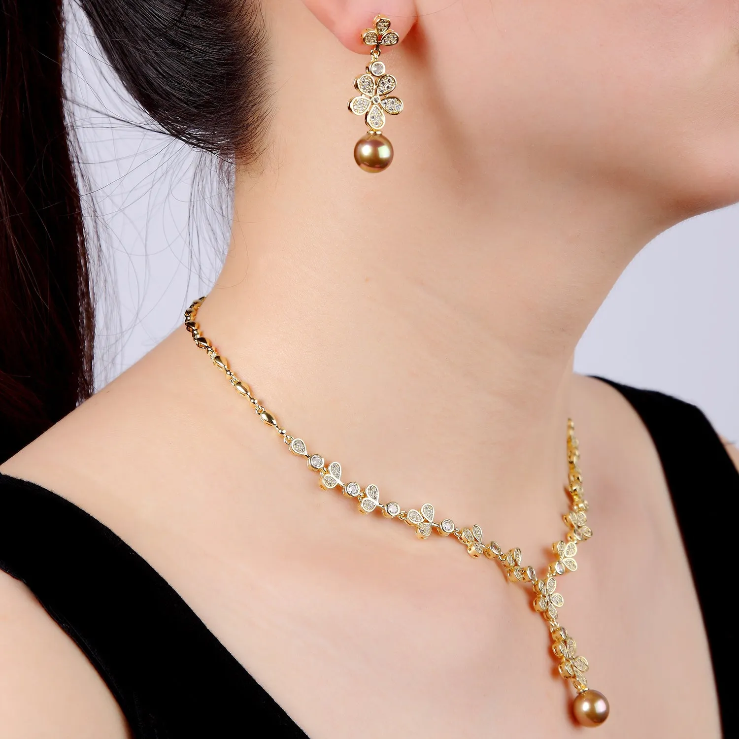 5A Cubic Zirconia Bride Pearls Necklace Earring Set for Wedding CN10267