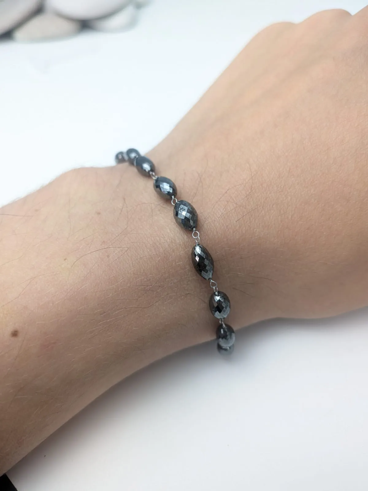 7" Black Diamond Oval Rosary Bracelet in 14KW