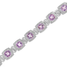 .925 Sterling Silver 7x7 mm Cushion Cut Purple Amethyst and 1/10 cttw Round Cut Diamond Square Shape Tennis Bracelet