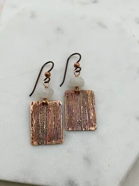Acid  etched copper earrings with moonstone gemstones