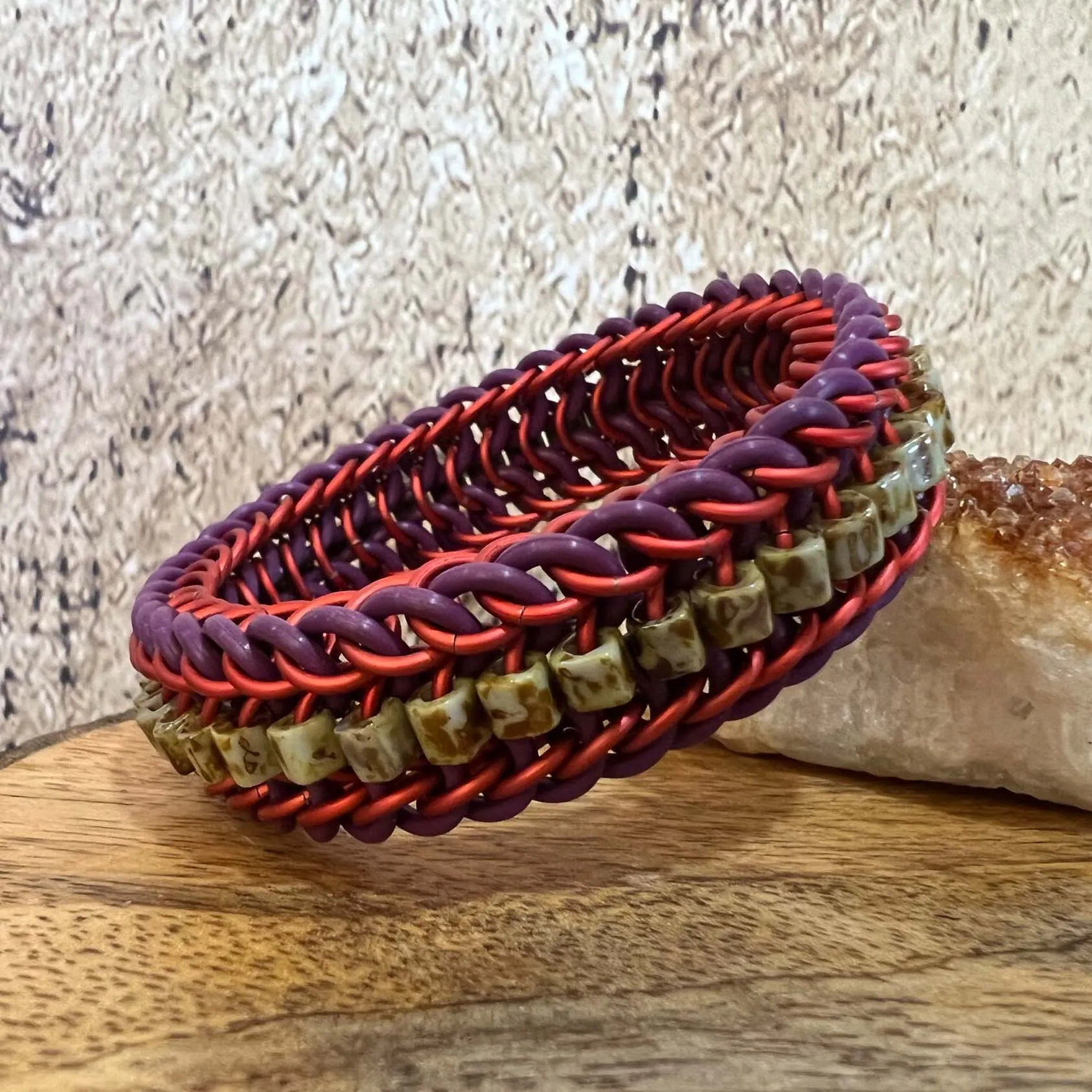Alligator Back Stretch Bracelet with Toho Cubes Kit with Video Class - Amethyst Wine, Rust & Picasso Cubes