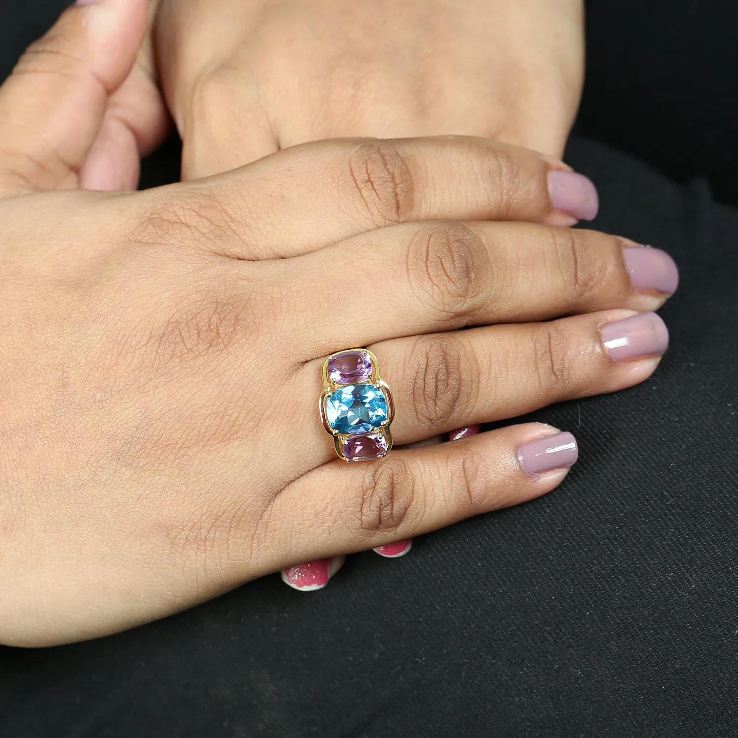 Amethyst & Topaz Gemstone Three Stone Ring Birthstone Jewelry In 18k Yellow Gold