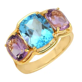 Amethyst & Topaz Gemstone Three Stone Ring Birthstone Jewelry In 18k Yellow Gold