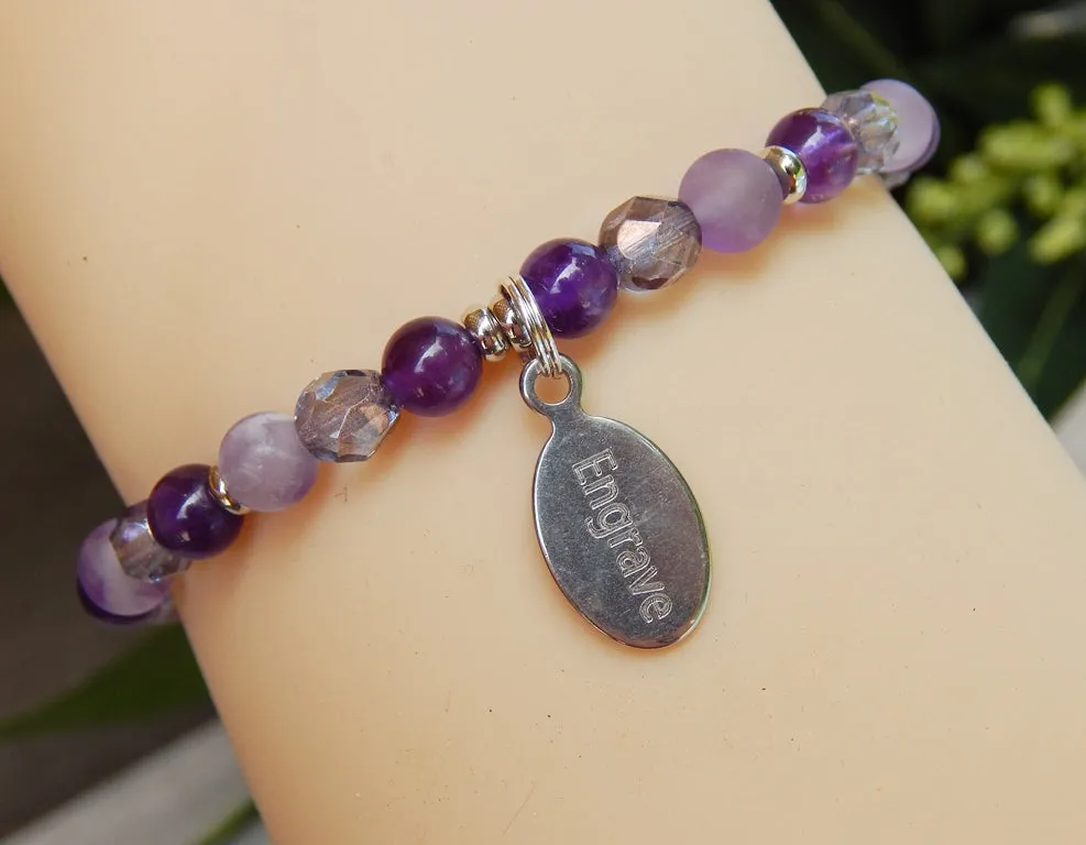 Amethyst Beaded Bracelet with Engraved Charm