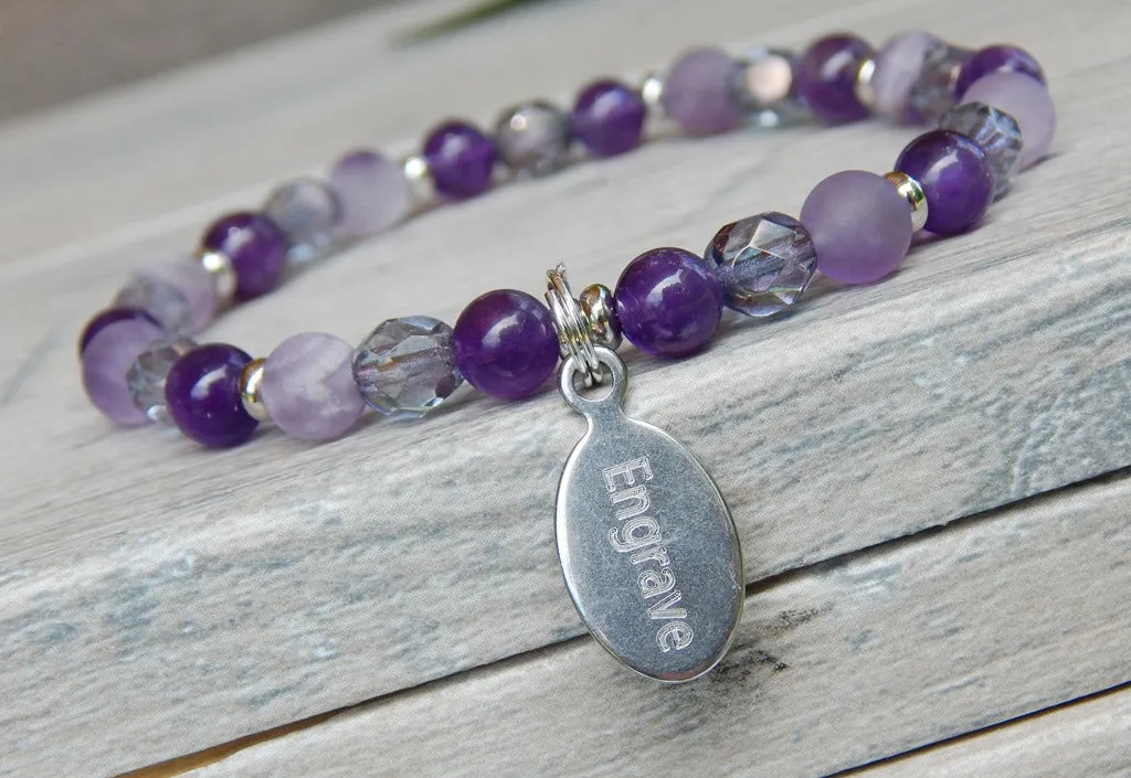 Amethyst Beaded Bracelet with Engraved Charm