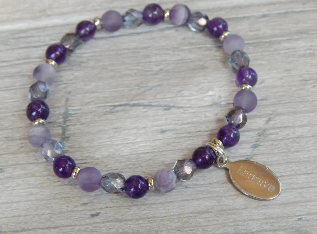 Amethyst Beaded Bracelet with Engraved Charm