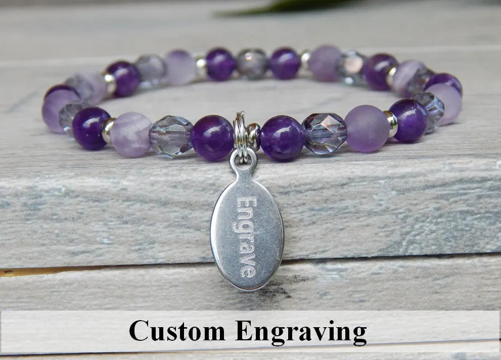 Amethyst Beaded Bracelet with Engraved Charm