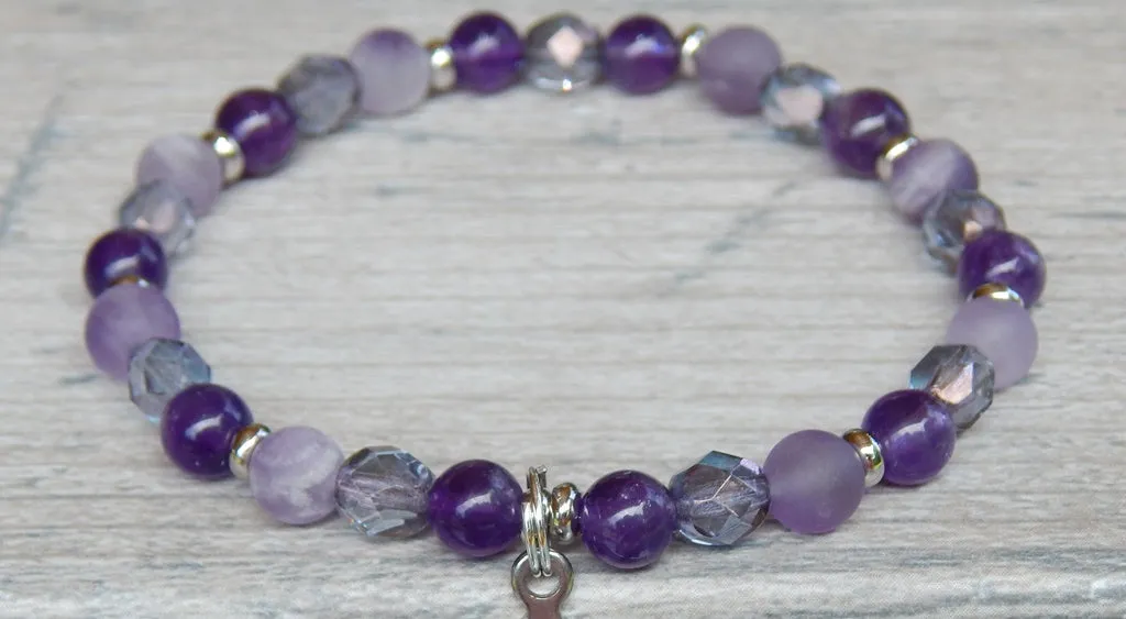 Amethyst Beaded Bracelet with Engraved Charm