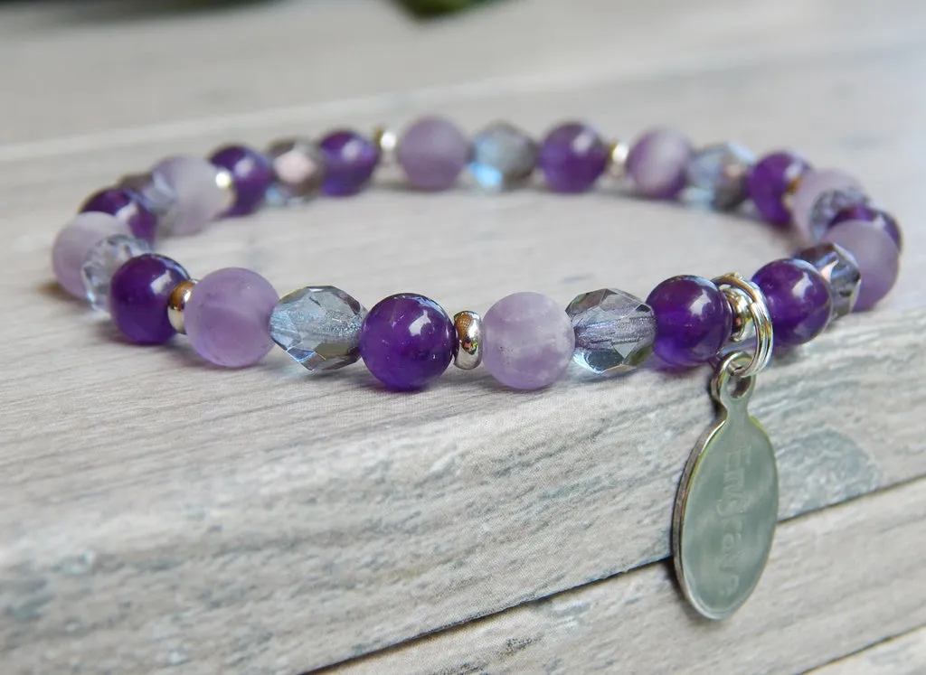Amethyst Beaded Bracelet with Engraved Charm