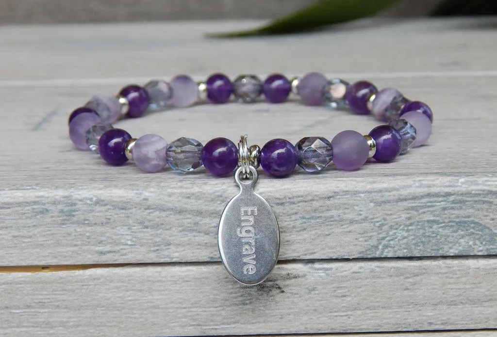 Amethyst Beaded Bracelet with Engraved Charm