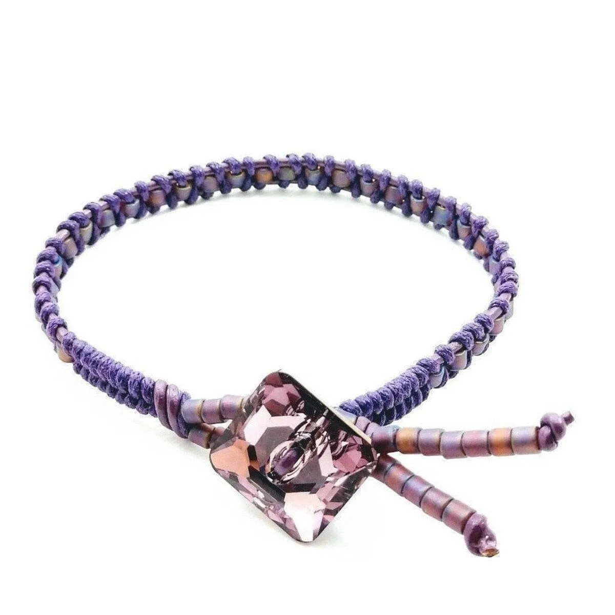 Amethyst Braided Leather Swarovski Crystal Square Button Bracelet