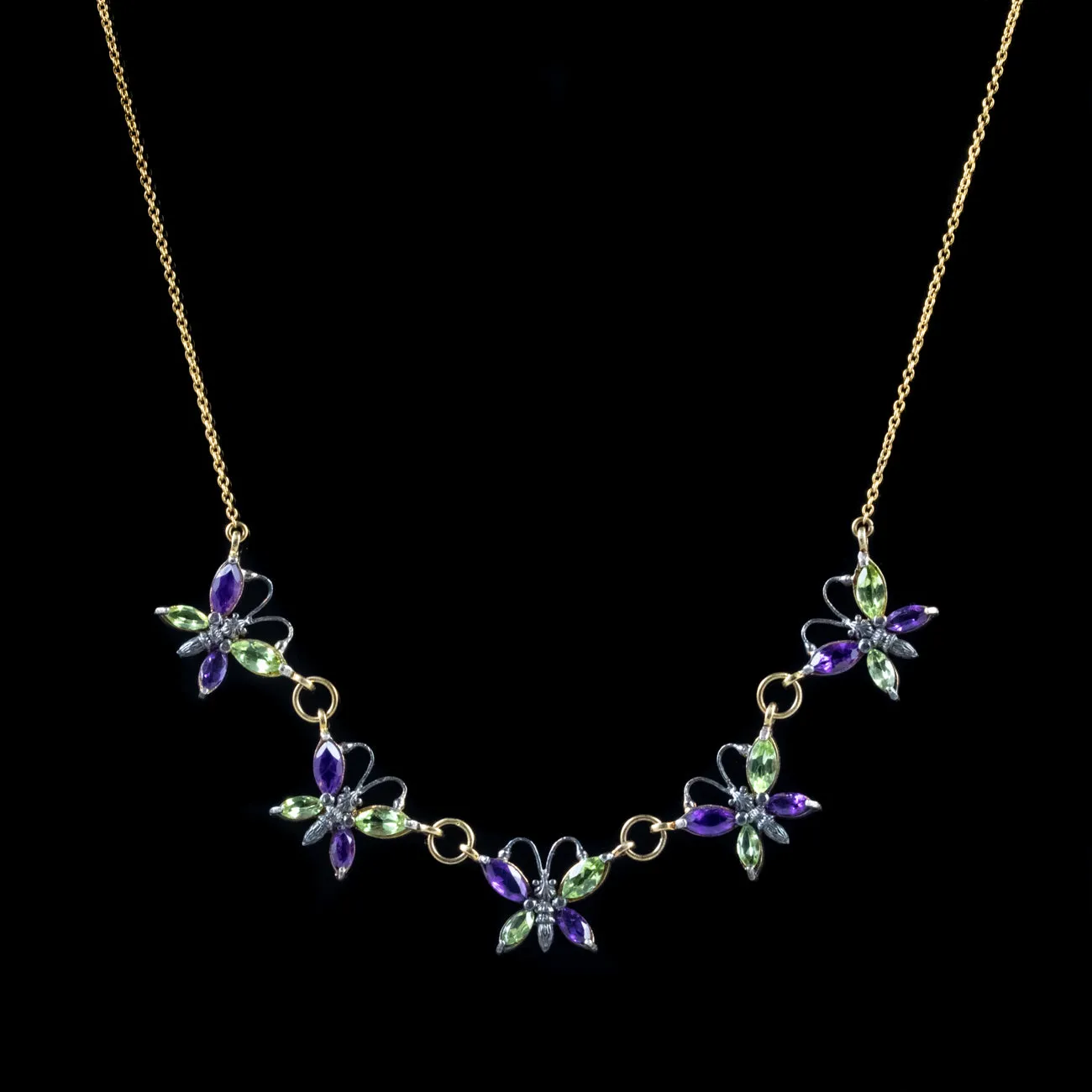 Amethyst Peridot Butterfly Necklace 9Ct Yellow Gold Silver