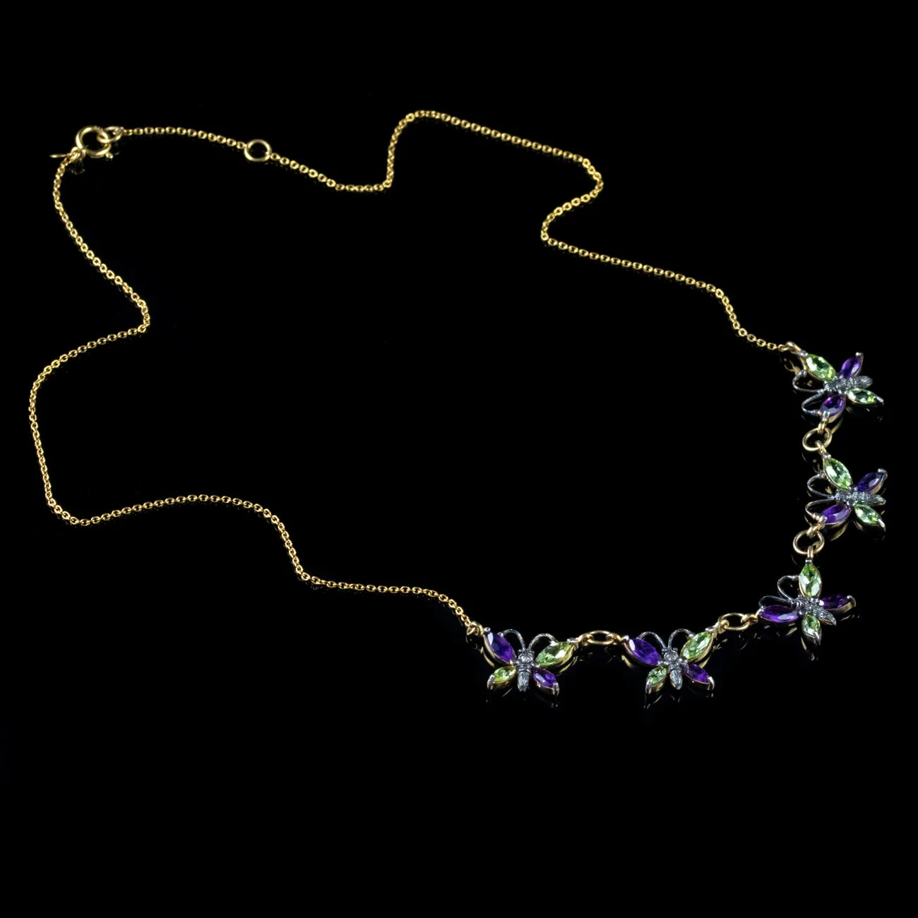 Amethyst Peridot Butterfly Necklace 9Ct Yellow Gold Silver