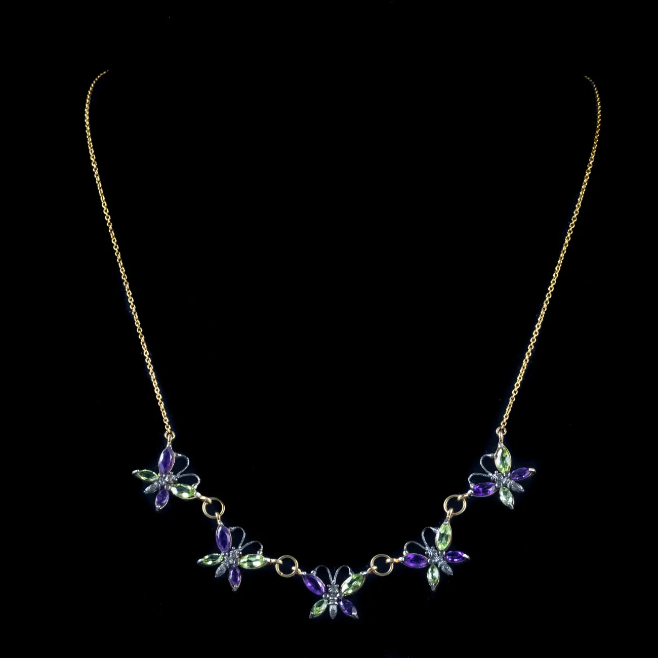 Amethyst Peridot Butterfly Necklace 9Ct Yellow Gold Silver