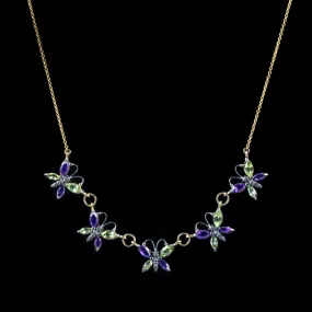 Amethyst Peridot Butterfly Necklace 9Ct Yellow Gold Silver
