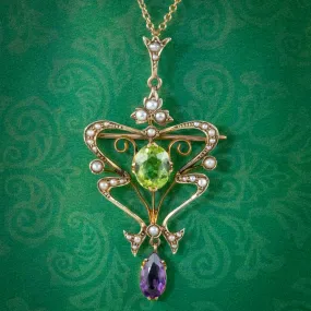 Antique Art Nouveau Suffragette Pendant Necklace 9ct Gold Amethyst Peridot Pearl Circa 1910
