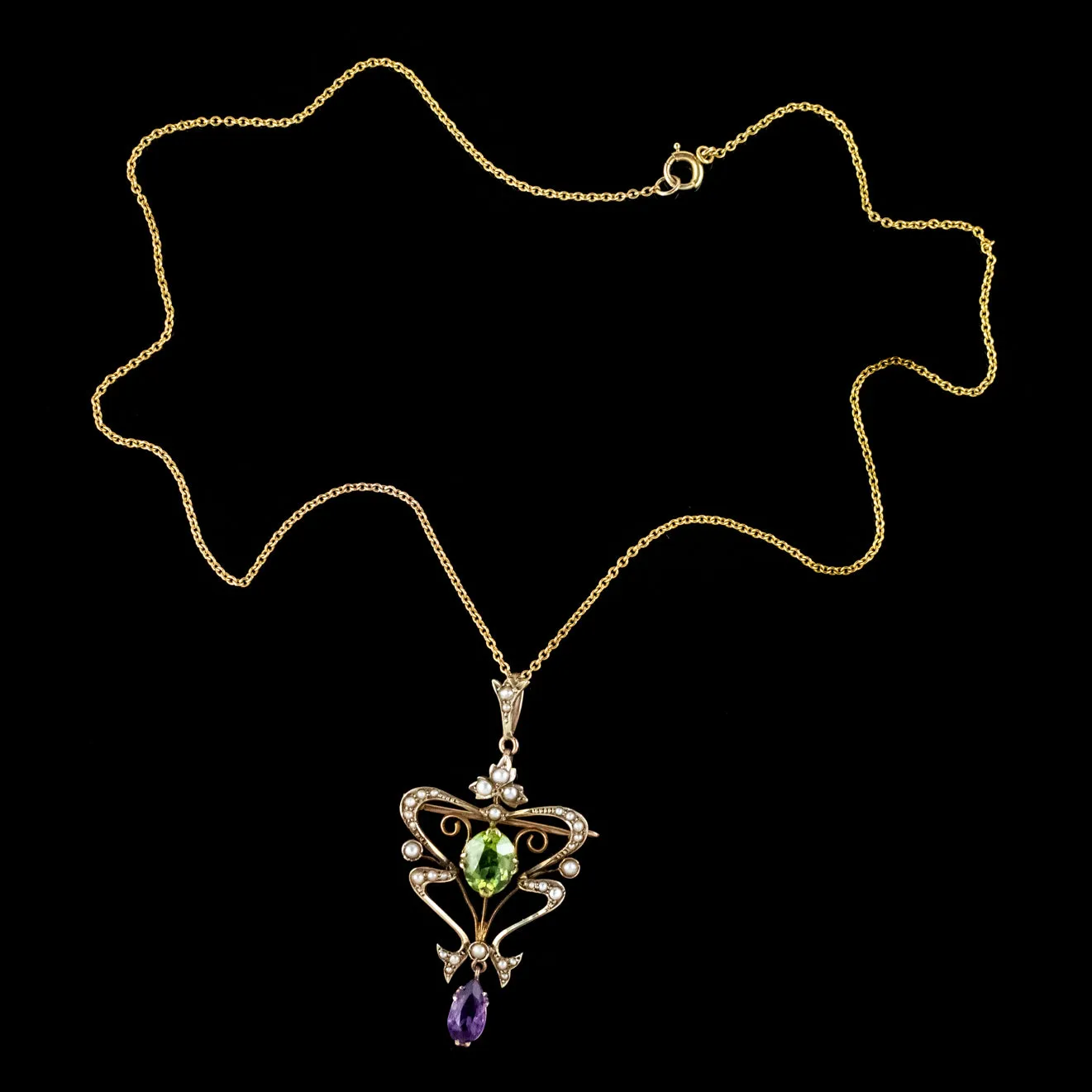 Antique Art Nouveau Suffragette Pendant Necklace 9ct Gold Amethyst Peridot Pearl Circa 1910