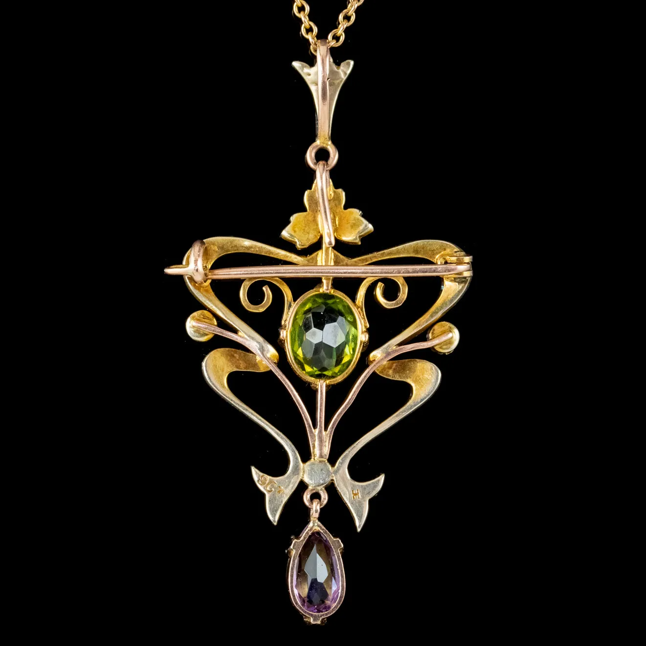Antique Art Nouveau Suffragette Pendant Necklace 9ct Gold Amethyst Peridot Pearl Circa 1910