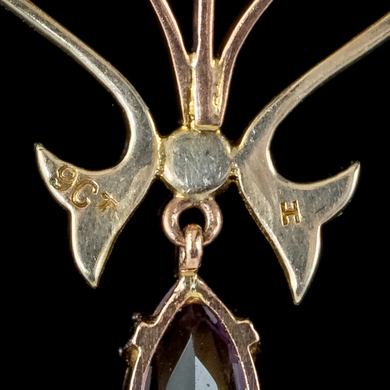 Antique Art Nouveau Suffragette Pendant Necklace 9ct Gold Amethyst Peridot Pearl Circa 1910