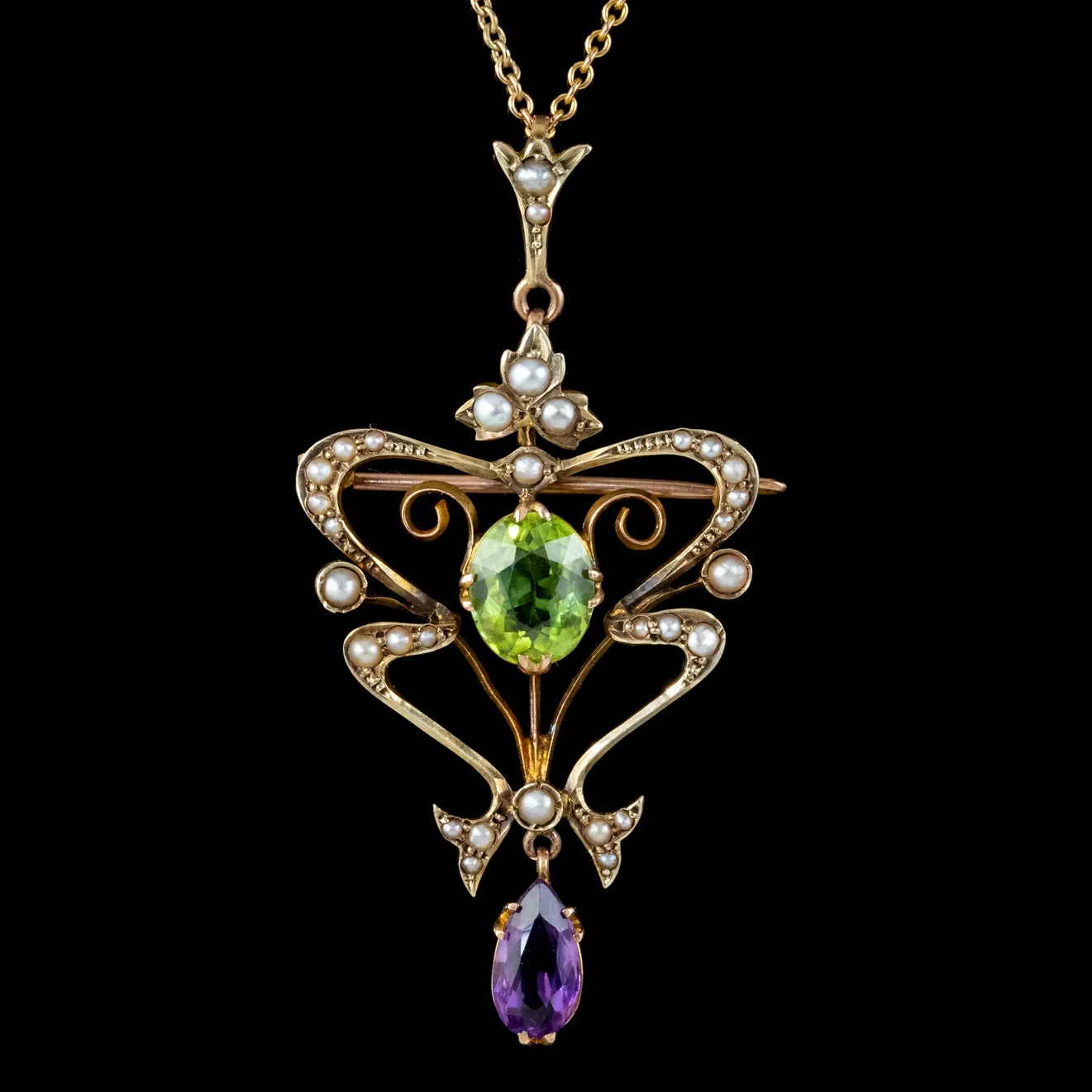 Antique Art Nouveau Suffragette Pendant Necklace 9ct Gold Amethyst Peridot Pearl Circa 1910