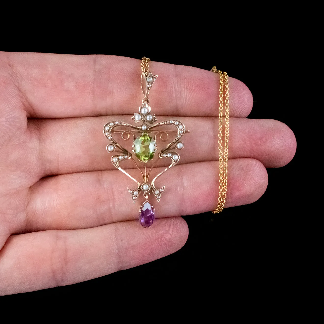 Antique Art Nouveau Suffragette Pendant Necklace 9ct Gold Amethyst Peridot Pearl Circa 1910