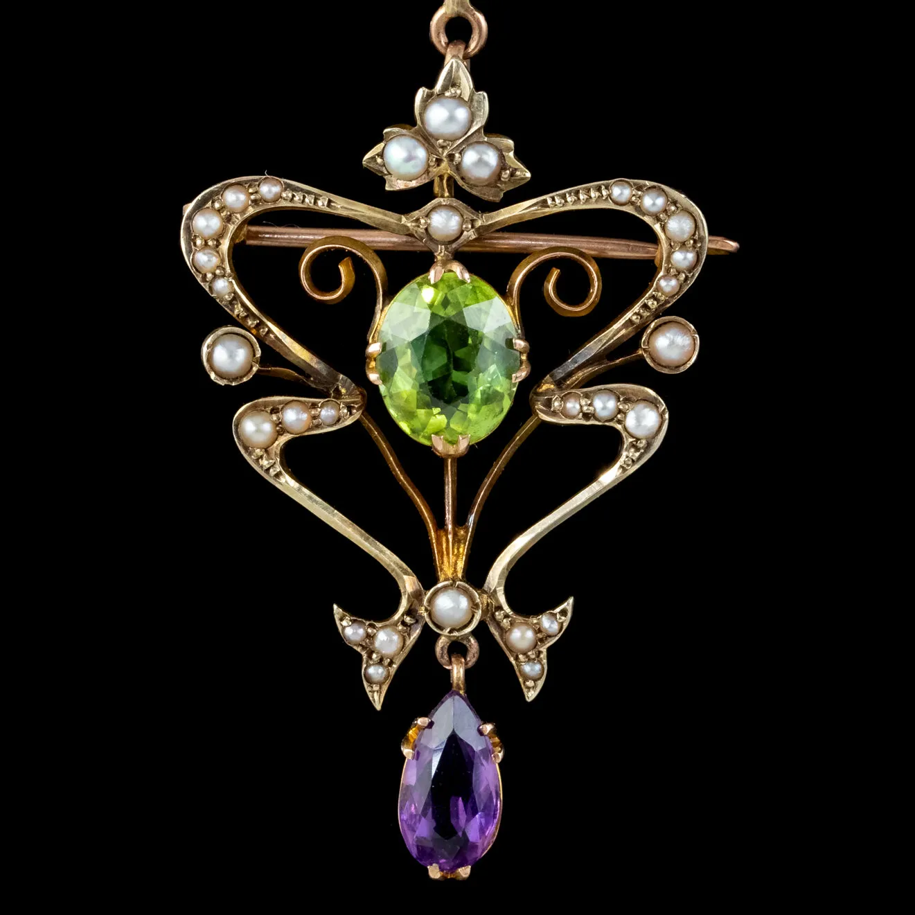Antique Art Nouveau Suffragette Pendant Necklace 9ct Gold Amethyst Peridot Pearl Circa 1910
