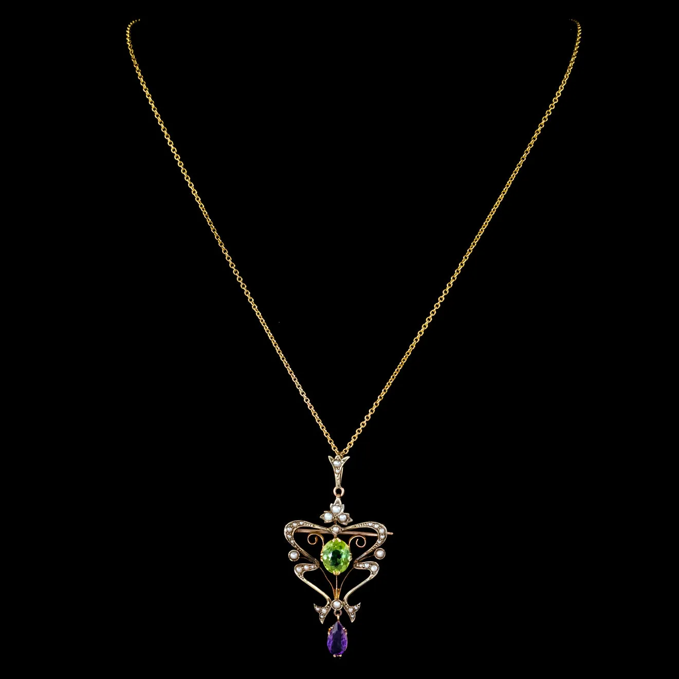 Antique Art Nouveau Suffragette Pendant Necklace 9ct Gold Amethyst Peridot Pearl Circa 1910