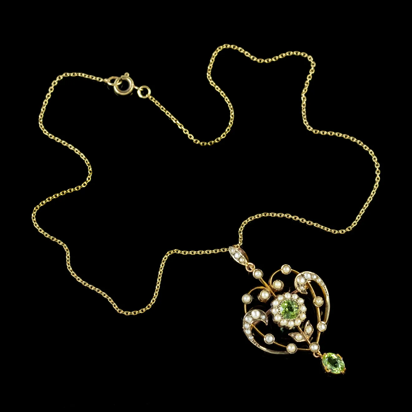 Antique Edwardian Peridot Pearl Pendant Necklace 9Ct Gold Circa 1910 Boxed
