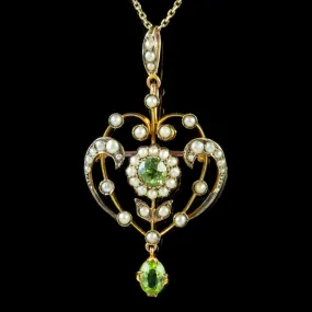 Antique Edwardian Peridot Pearl Pendant Necklace 9Ct Gold Circa 1910 Boxed