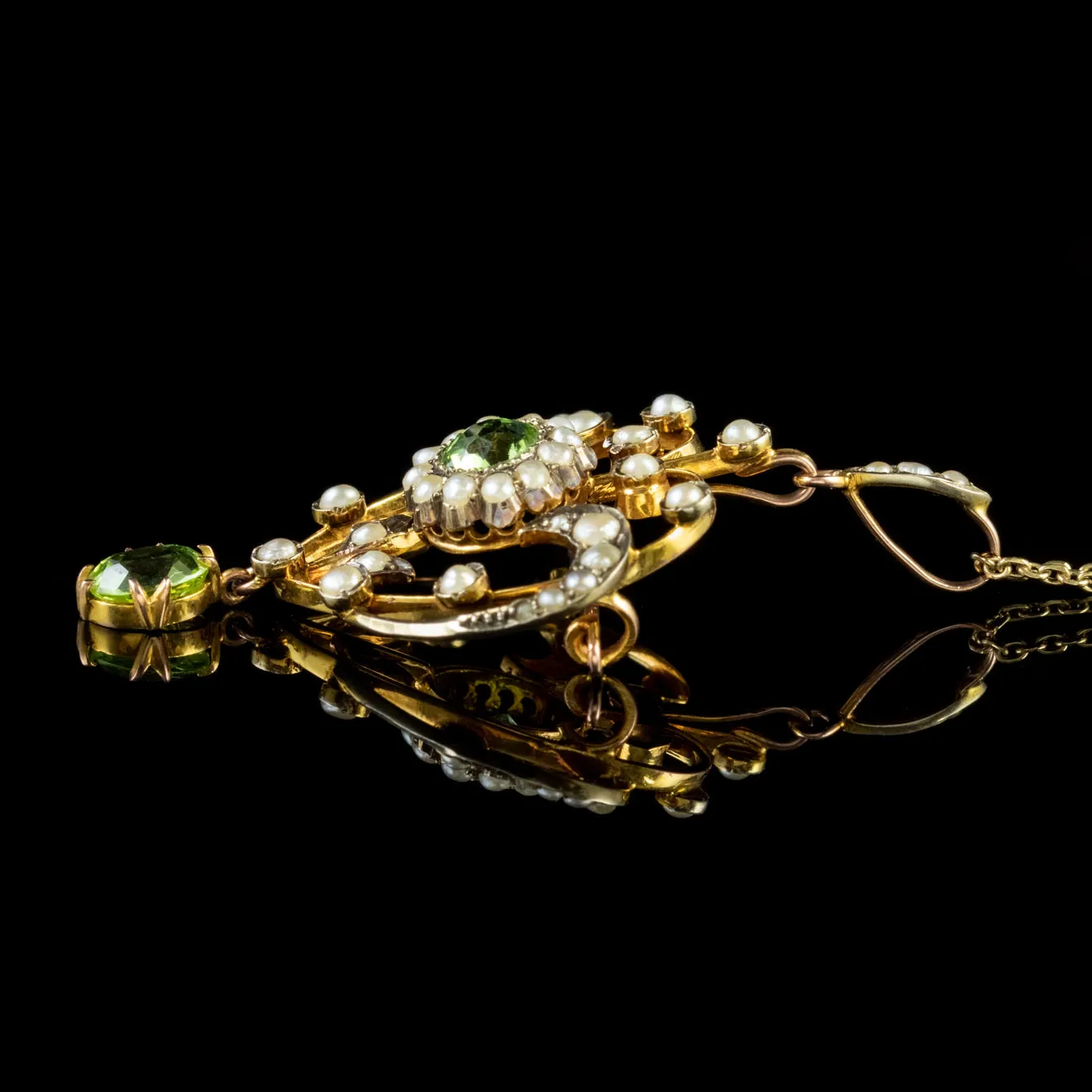 Antique Edwardian Peridot Pearl Pendant Necklace 9Ct Gold Circa 1910 Boxed