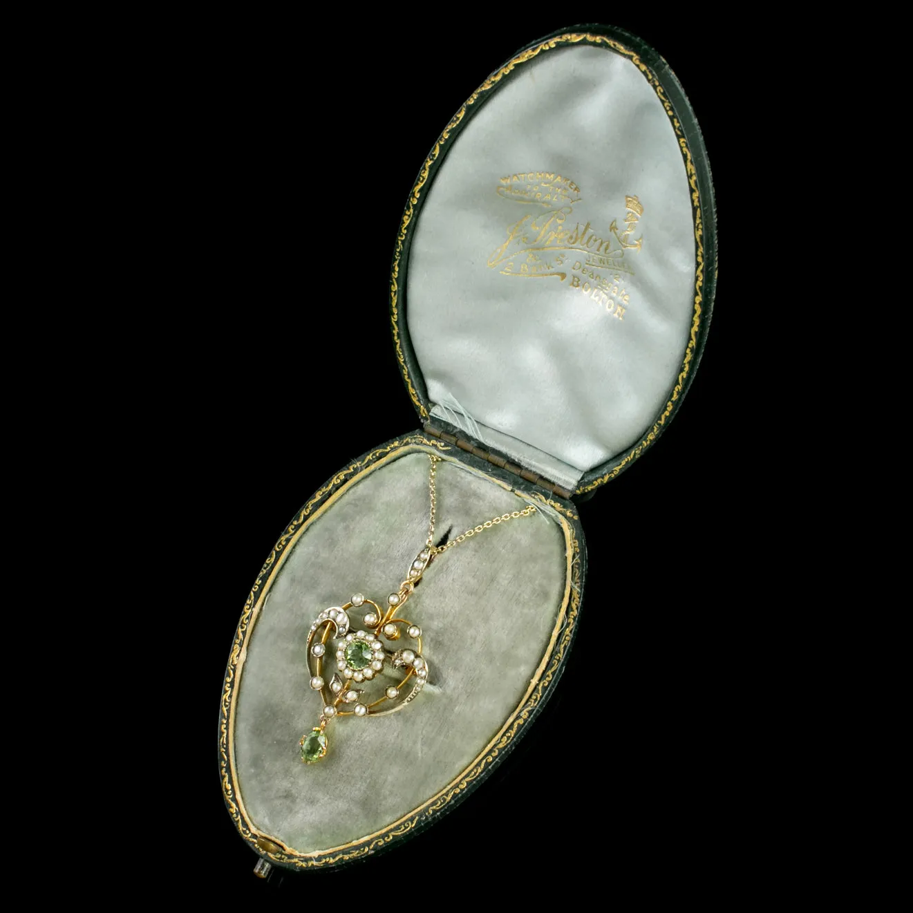 Antique Edwardian Peridot Pearl Pendant Necklace 9Ct Gold Circa 1910 Boxed