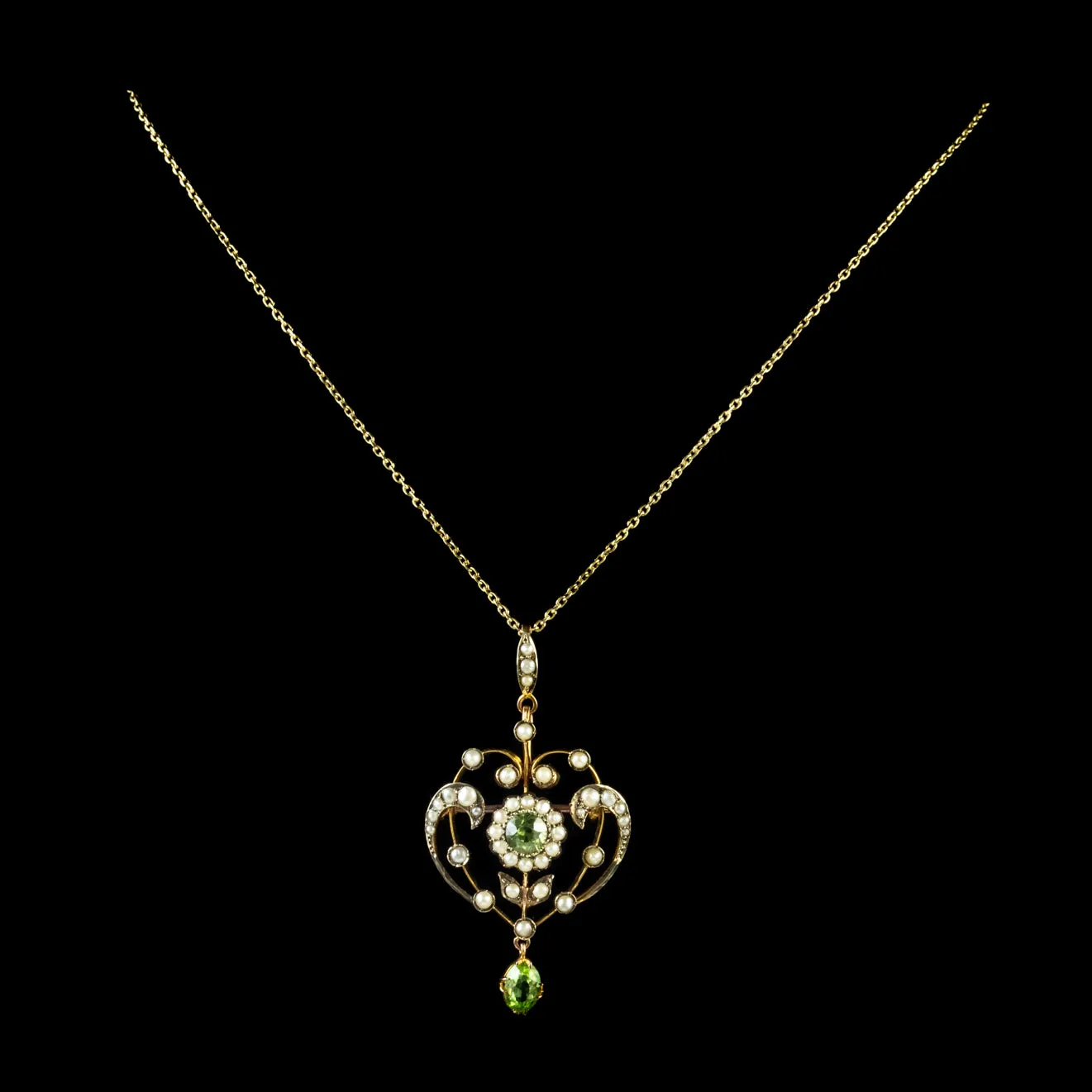 Antique Edwardian Peridot Pearl Pendant Necklace 9Ct Gold Circa 1910 Boxed