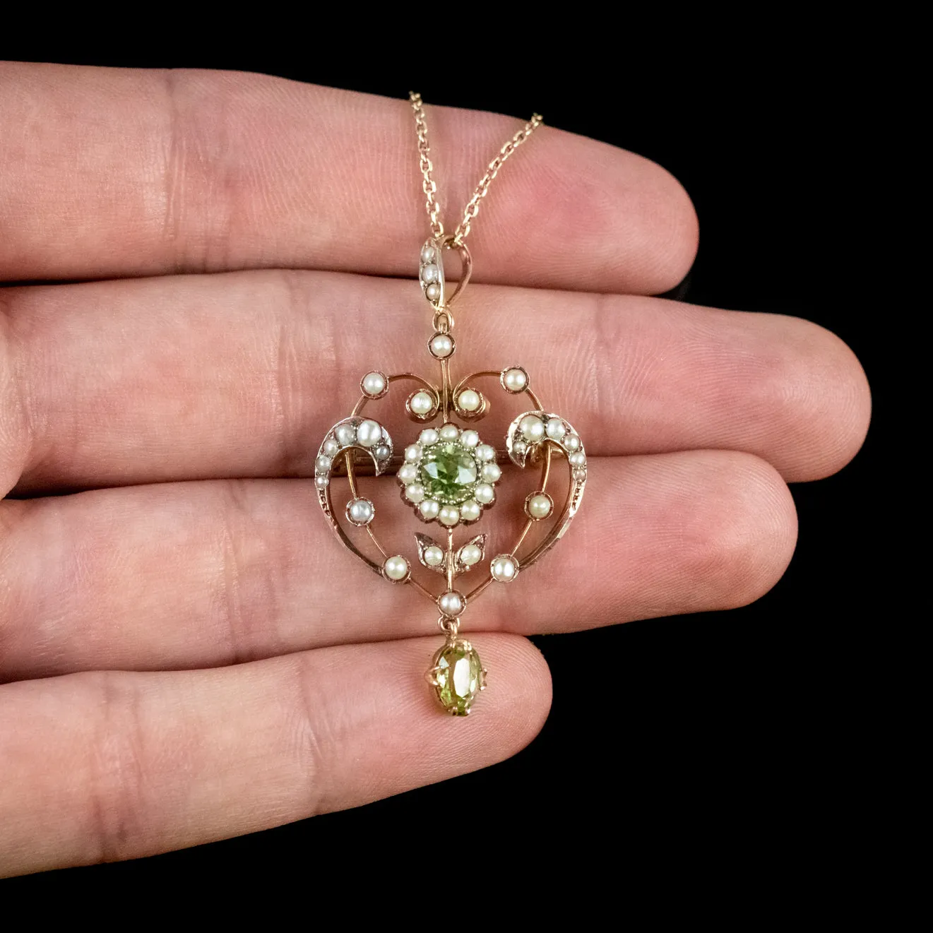 Antique Edwardian Peridot Pearl Pendant Necklace 9Ct Gold Circa 1910 Boxed