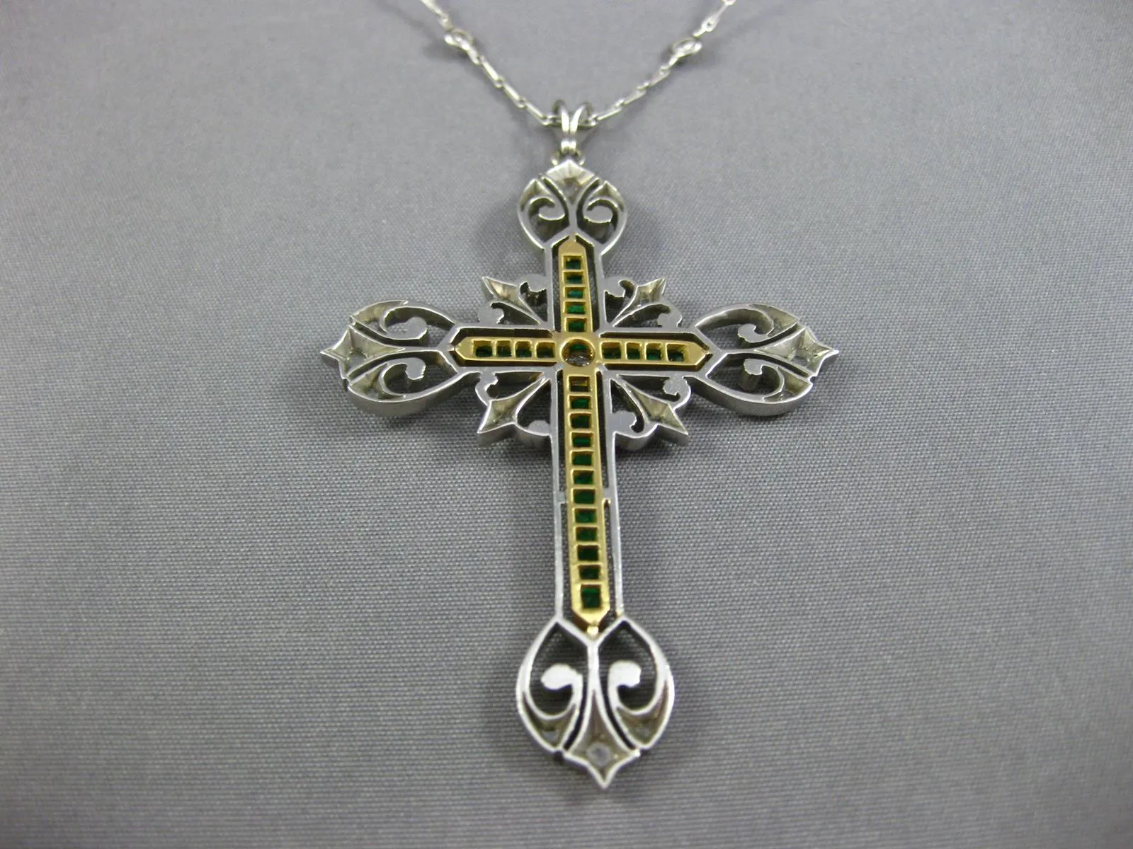 ANTIQUE LARGE 1.5CT ROSE CUT &OLD MINE DIAMOND & EMERALD 14K WHITE GOLD NECKLACE